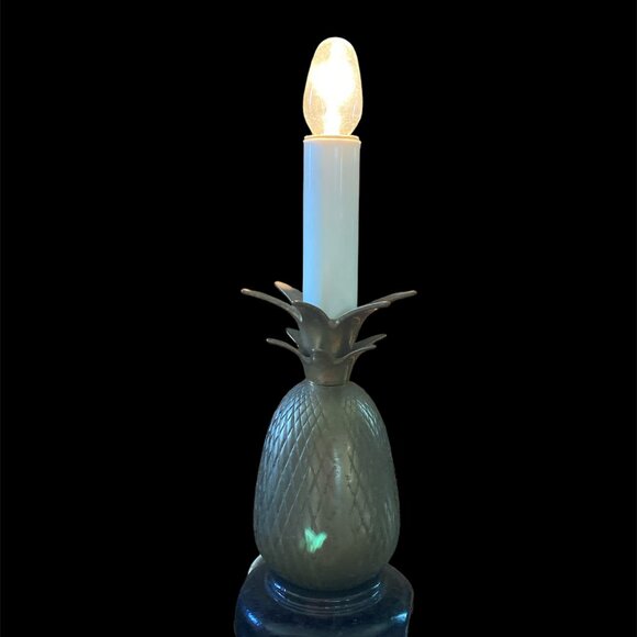 Andrea by Sadek Brass Mini Wood Base Pineapple Lamp with Shade 11.5 in - Picture 13 of 13